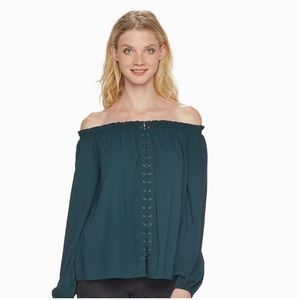 Womens Rock & Republic Off the Shoulder Lace Up Top Size M - Emerald Green